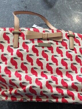 Red Toucan Patterned Tote Bag with Tan Handles